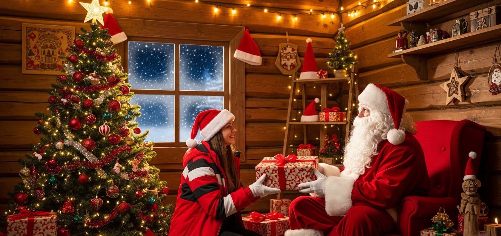 Aurora Hunting under green Northern Lights over snowy forest